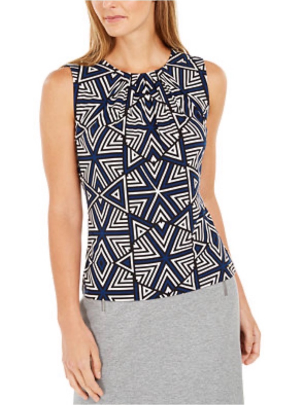 Calvin Klein Navy and White Geometric Sleeveless Shell